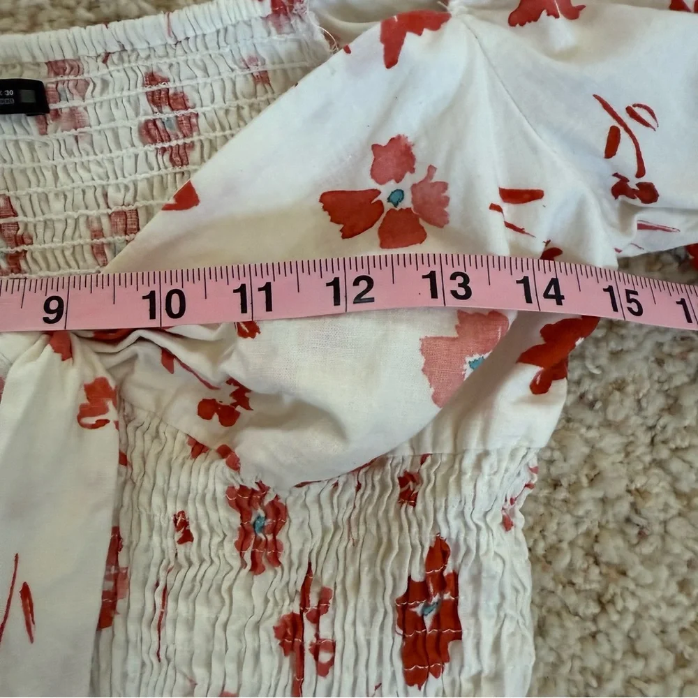 Floral Puff Sleeve Blouse Top Smocked Waist Front Tie Large Boho peasant